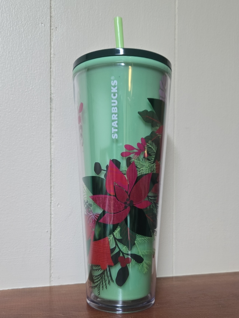Starbucks Mint Green Tumbler with Pink Floral Design and Dark Green Lid